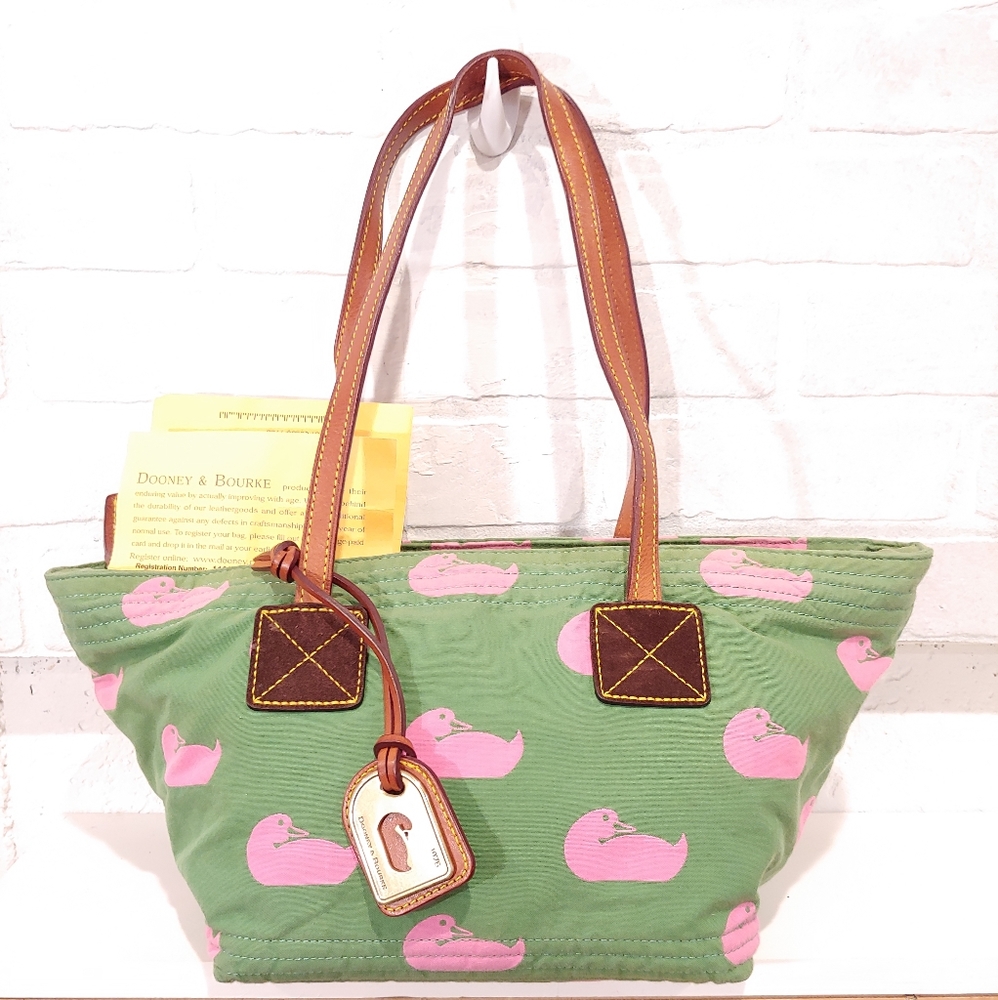 Dooney & Bourke Green & Pink Duck Print Tote